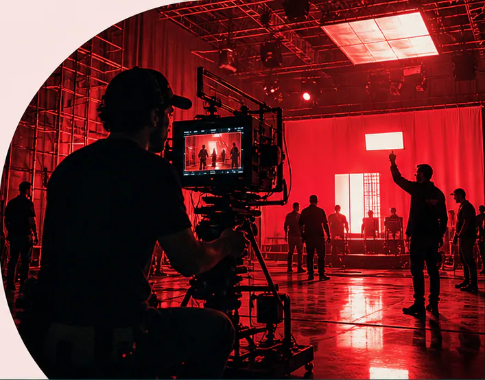 Film crew preparing a large soundstage set beneath a mountain sky