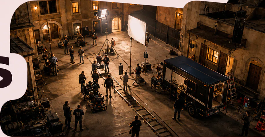 Aerial view of a night film set with crew and lighting