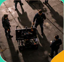 Crew moving a camera dolly across a set
