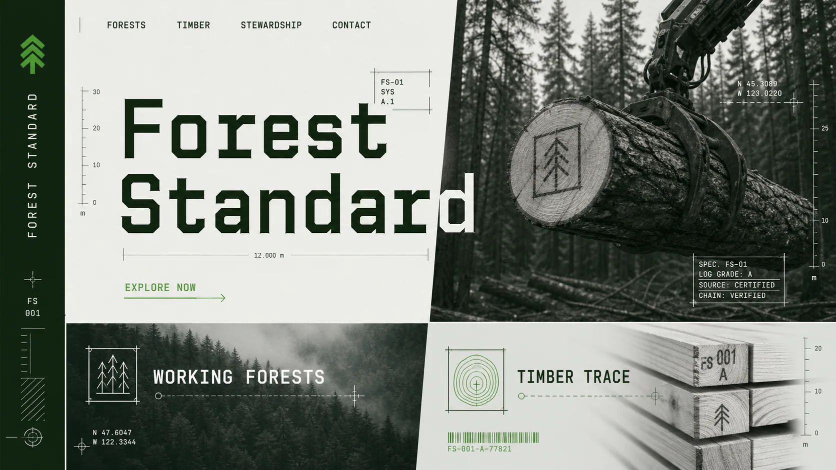 Monochrome forestry field plate showing a tracked timber log in a working forest