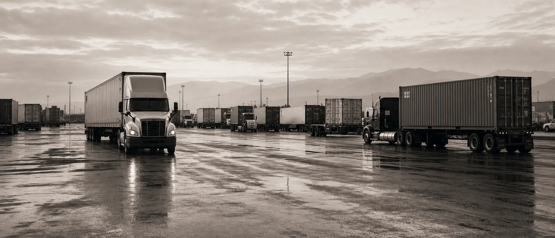 Freight tractors and trailers across a rain-darkened regional yard
