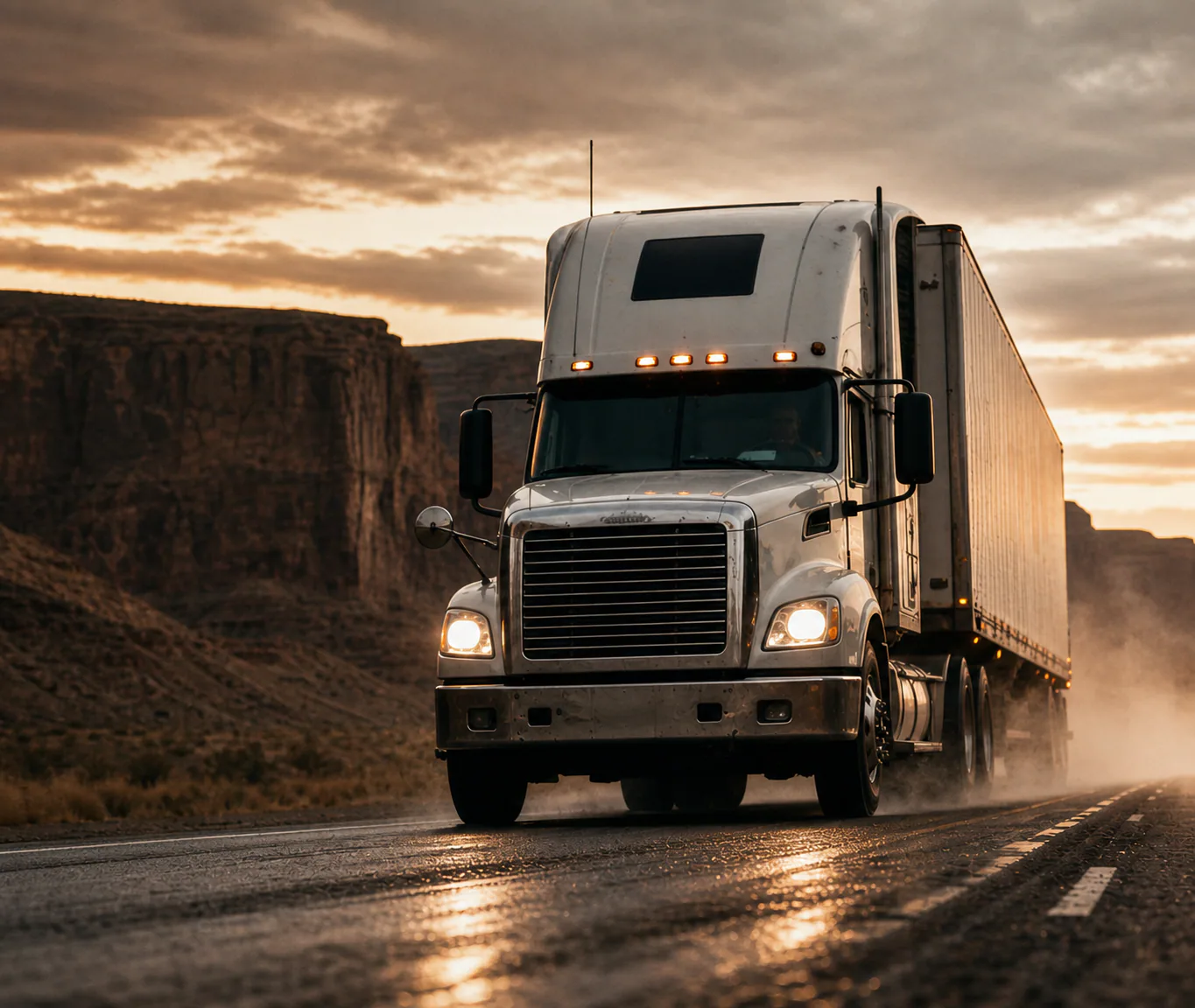 Long-haul truck traveling a desert highway