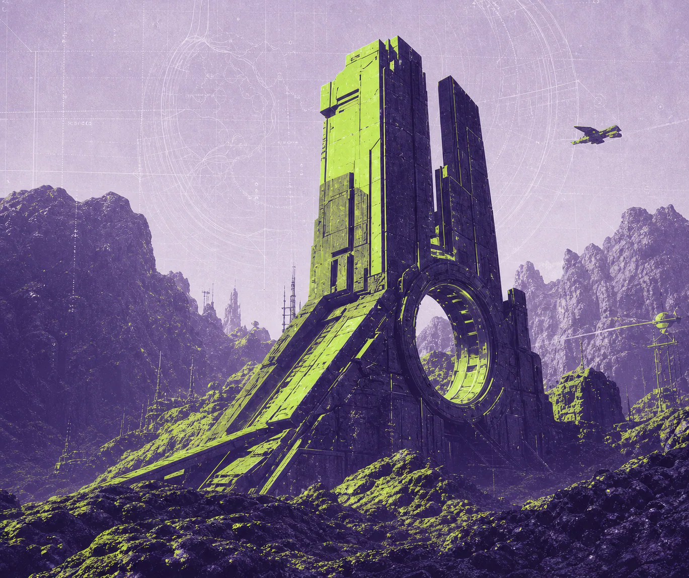 Acid-lime science-fiction arena built into a rocky landscape