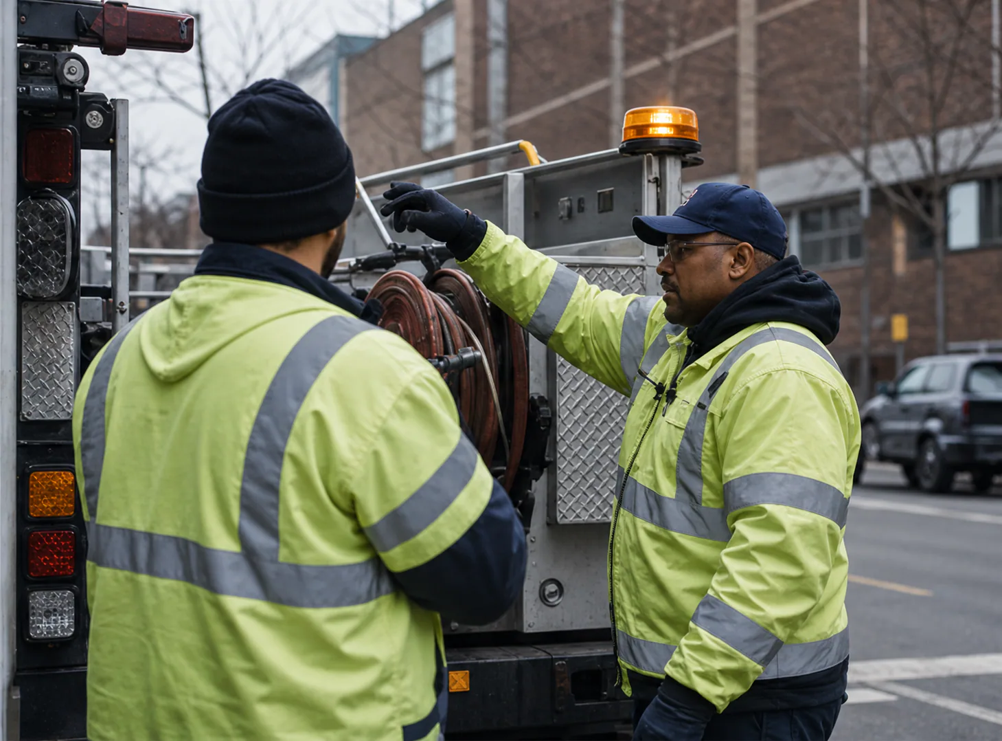 City public works staff servicing equipment on a street