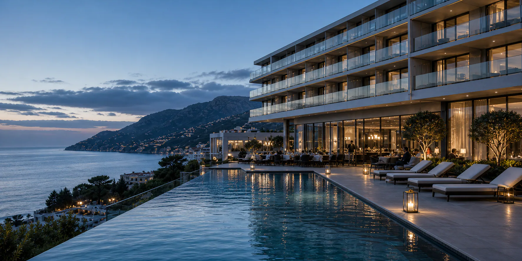 Oceanfront Northline House hotel with an infinity pool at dusk