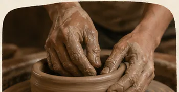 Hands shaping wet clay in a workshop
