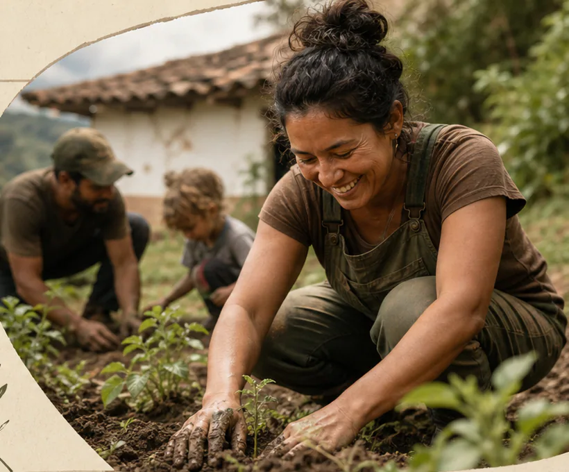 Community gardener planting a seedling with others nearby