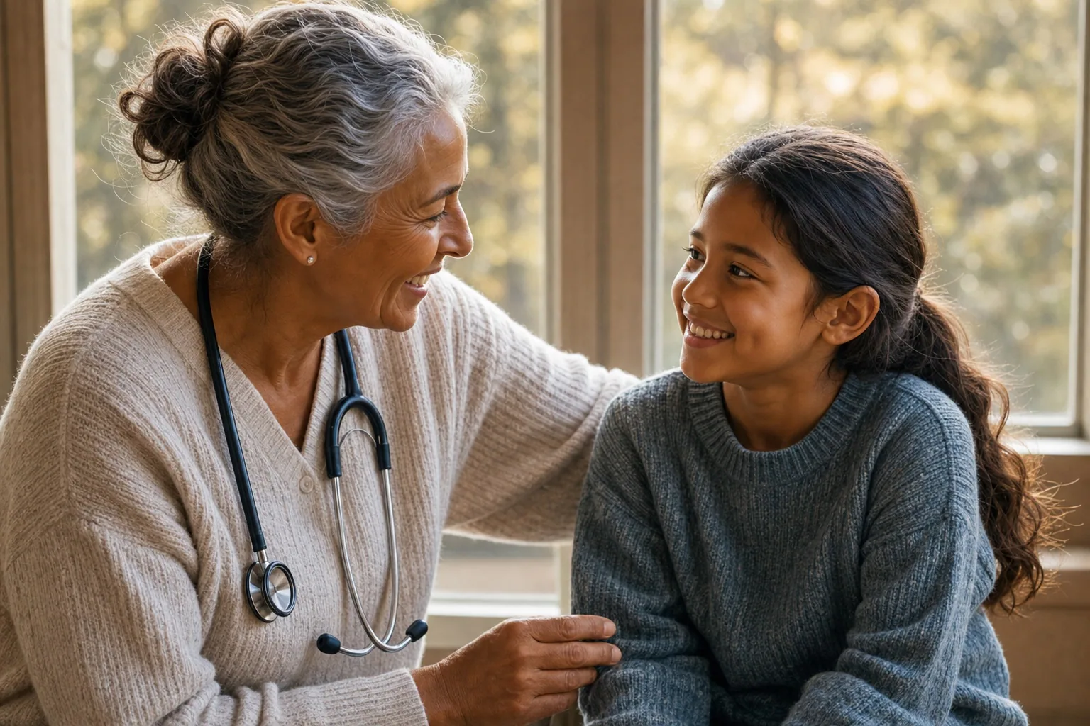 Health worker speaking with a child
