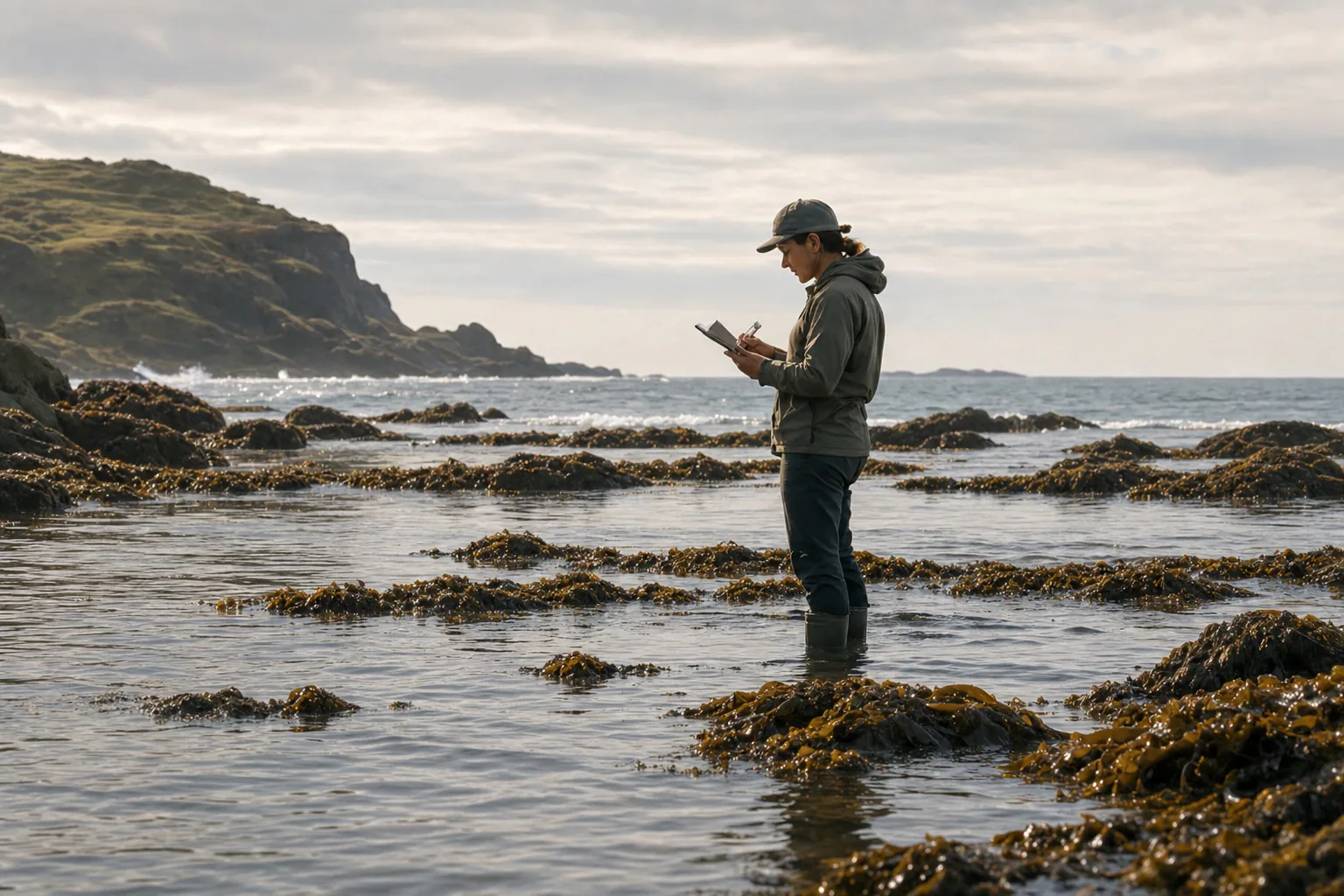 Researcher recording observations on a rocky shore