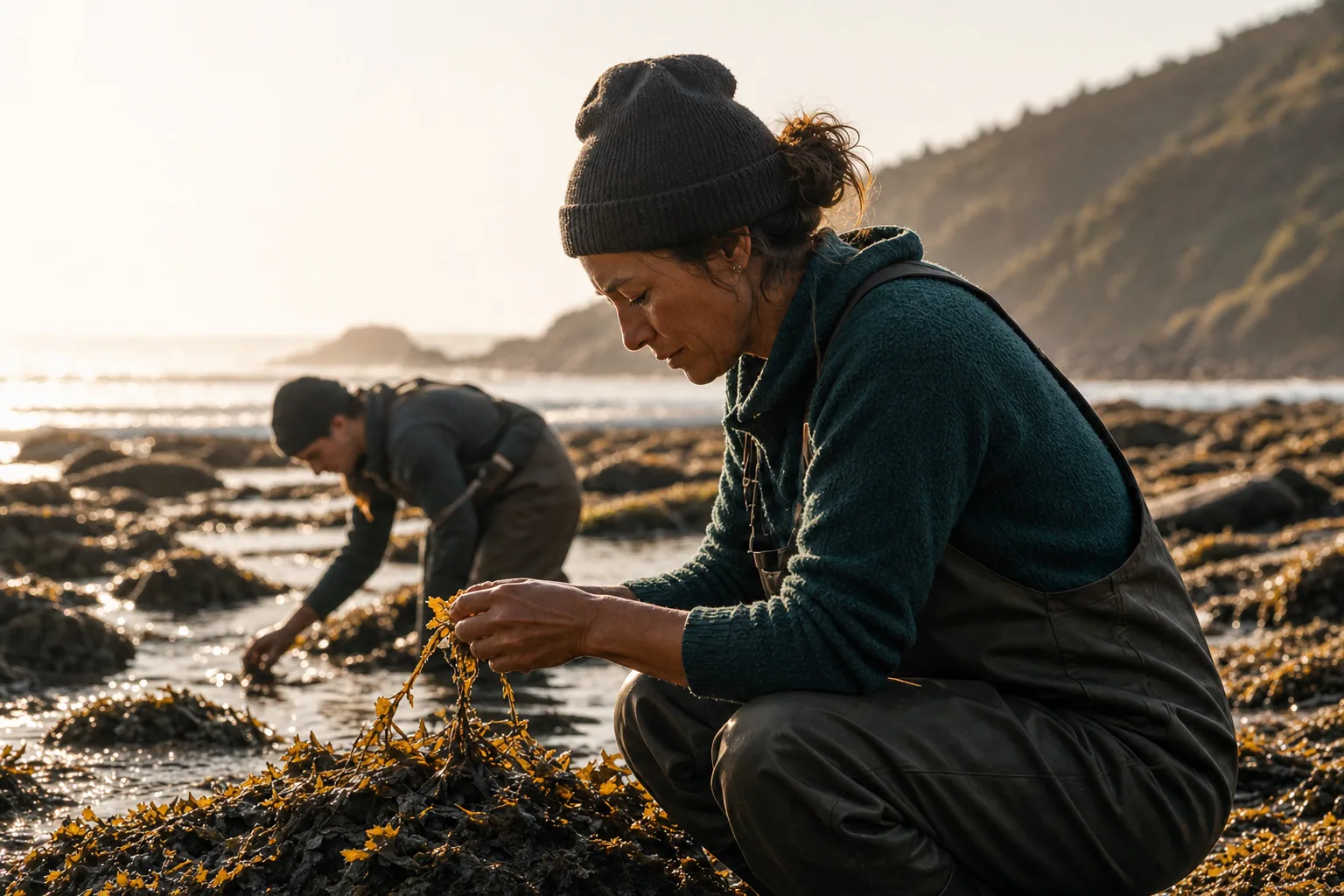 Coastal restoration workers gathering seaweed by the shore
