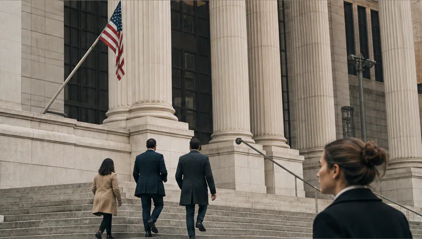 Civic leaders entering a columned public institution