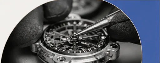 Watchmaker's gloved hands adjusting a mechanical movement
