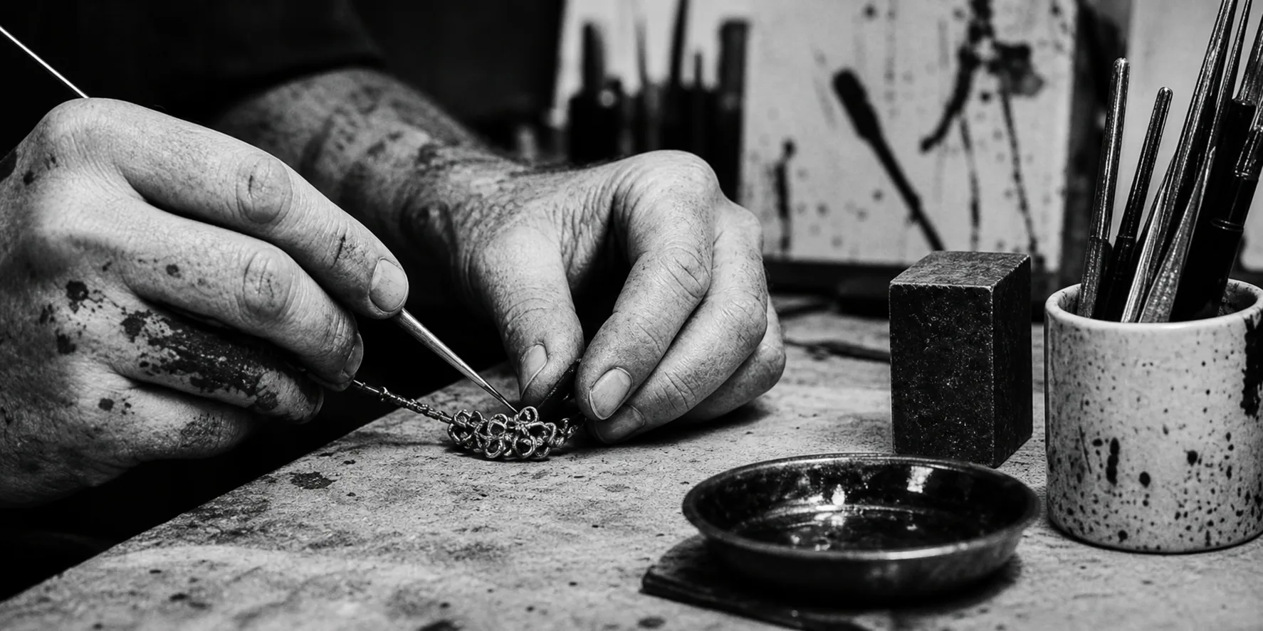 Jewelry maker shaping a small object by hand at a studio bench