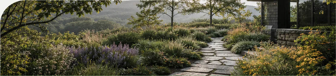 Layered garden with a stone path and sheltered garden room