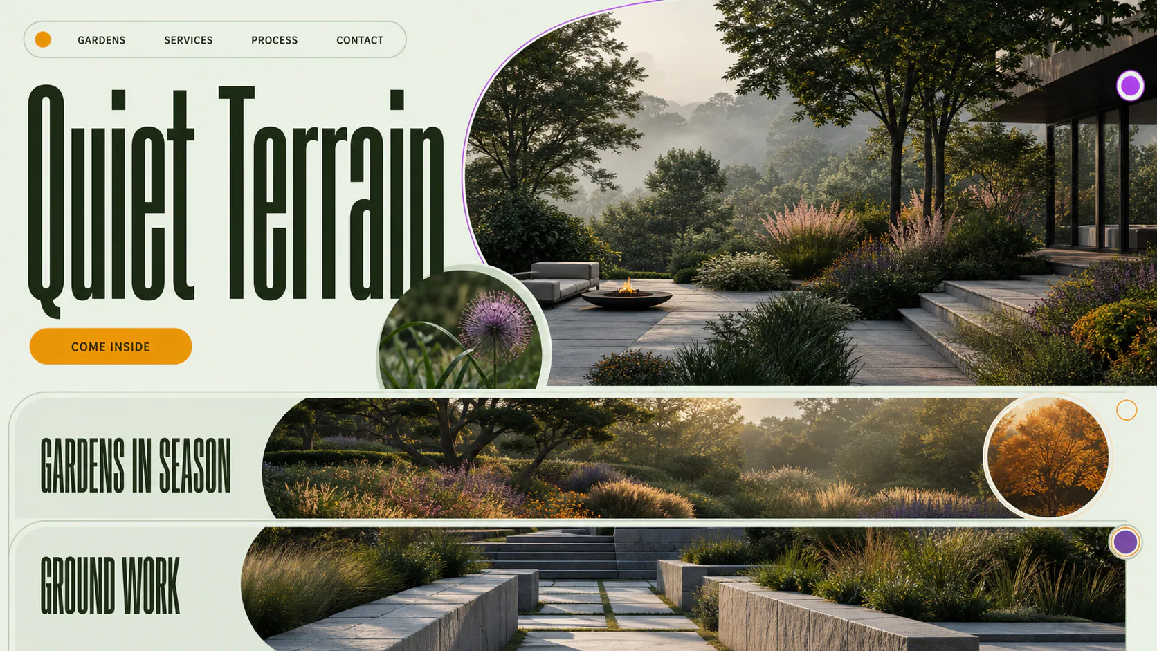 Layered garden terrace with mature trees, grasses, stone paving, and a fire bowl at dusk