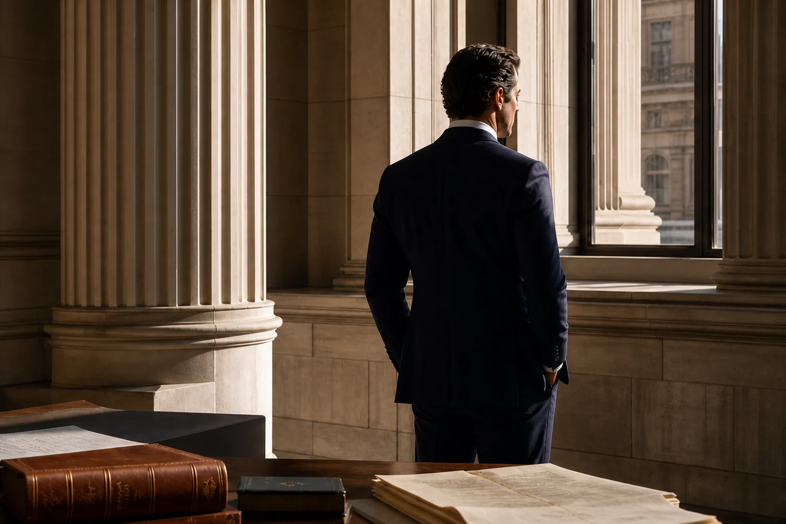Counsel standing beside tall stone columns in a sunlit chamber