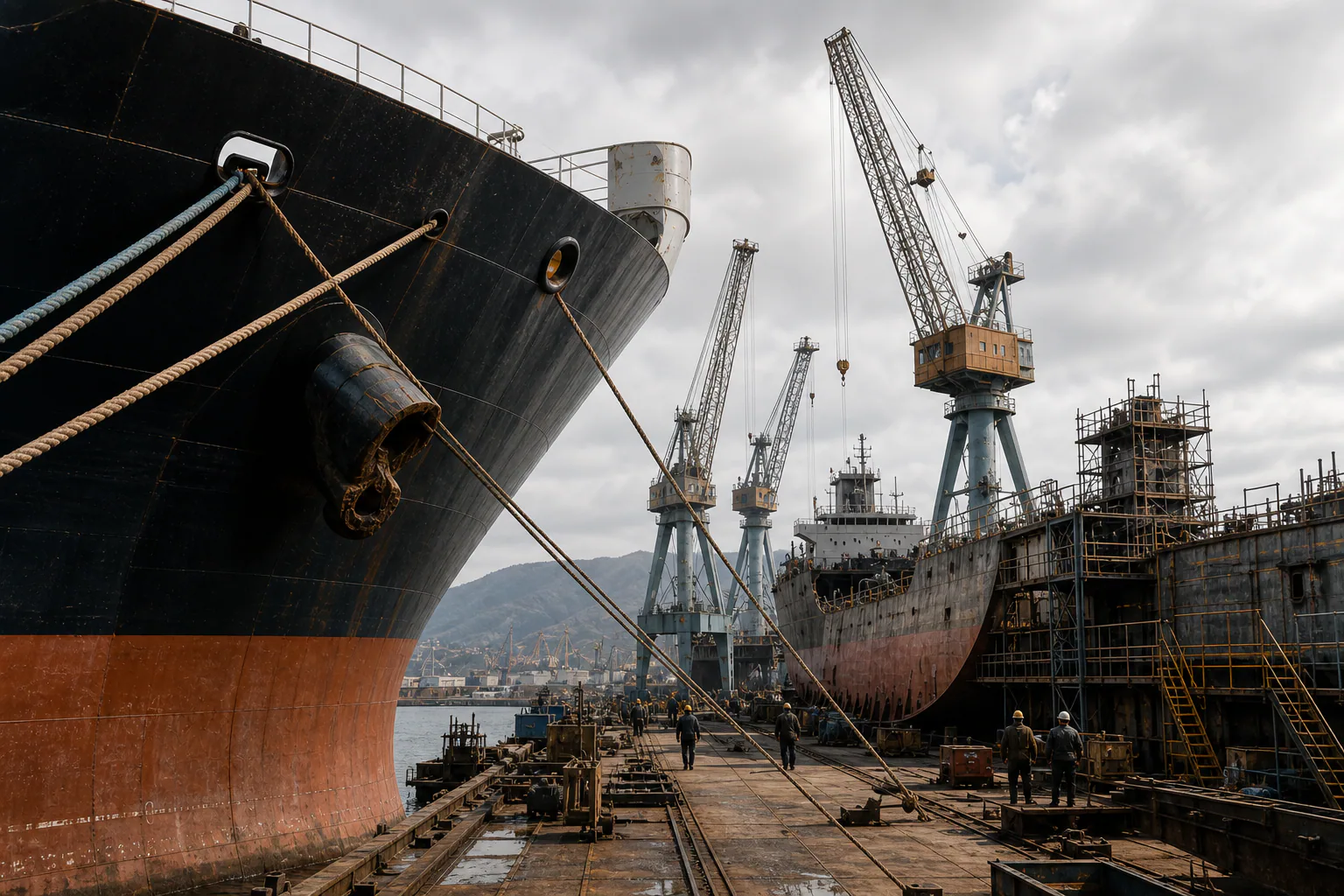 Close view of a cargo ship bow and mooring lines