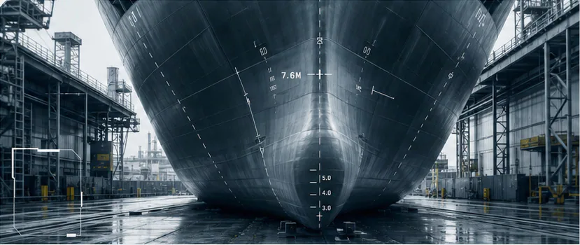 The bow of a large vessel inside a working shipyard