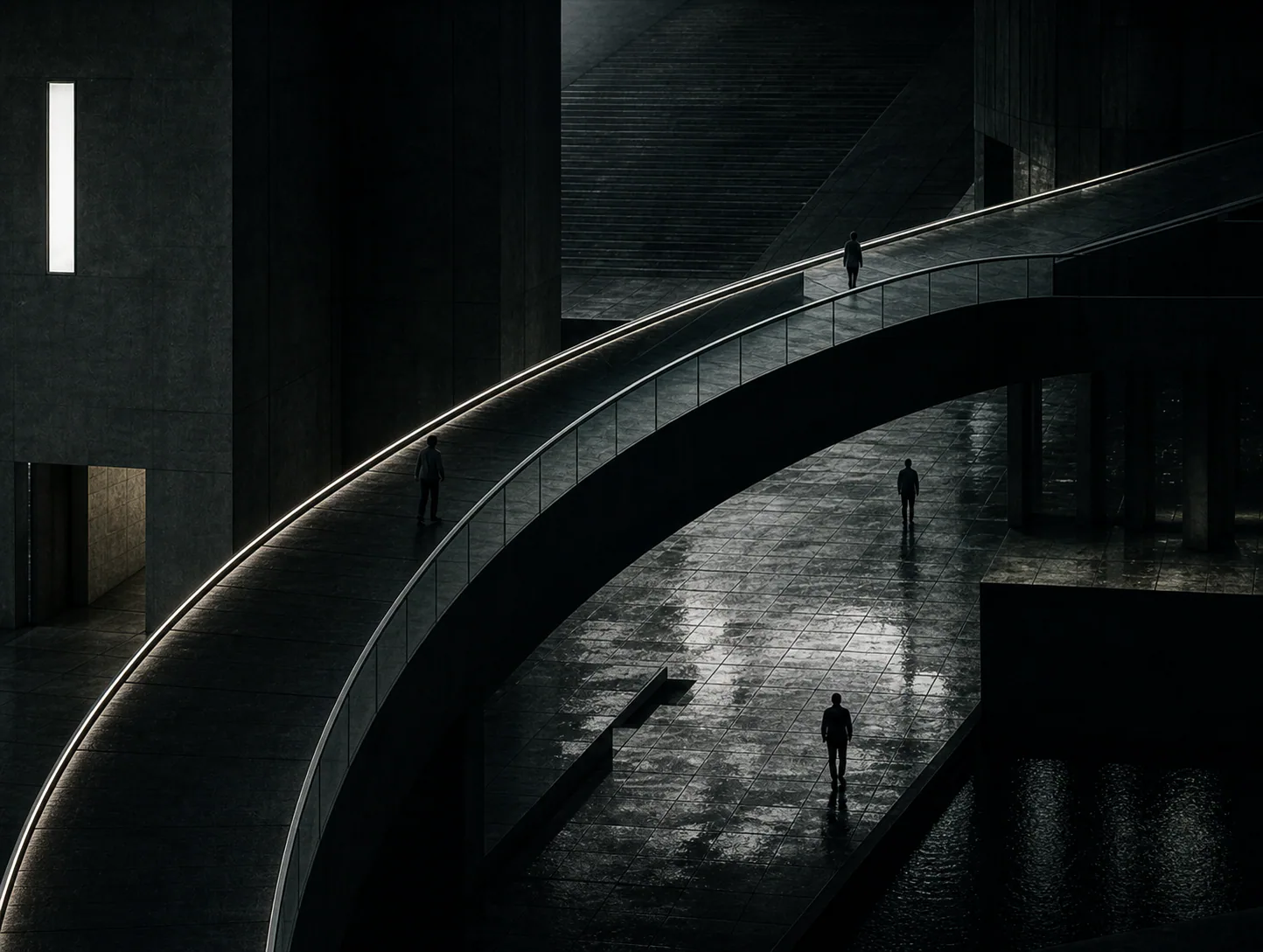 A curving bridge crossing a dark civic interior