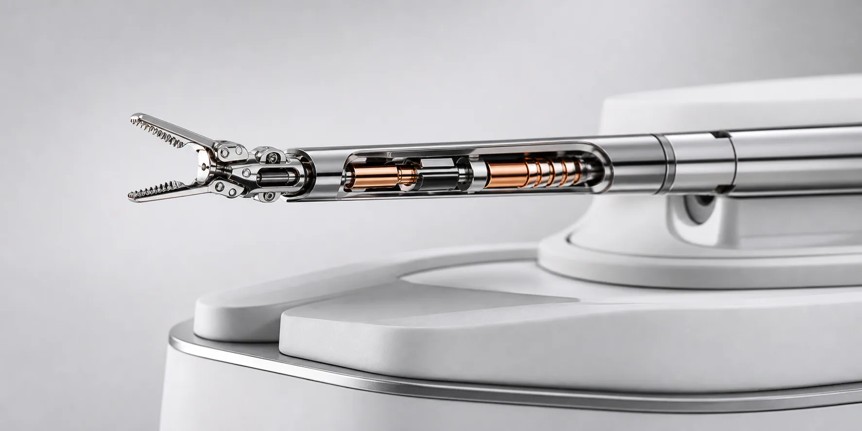 Open precision surgical instrument with a visible copper mechanism