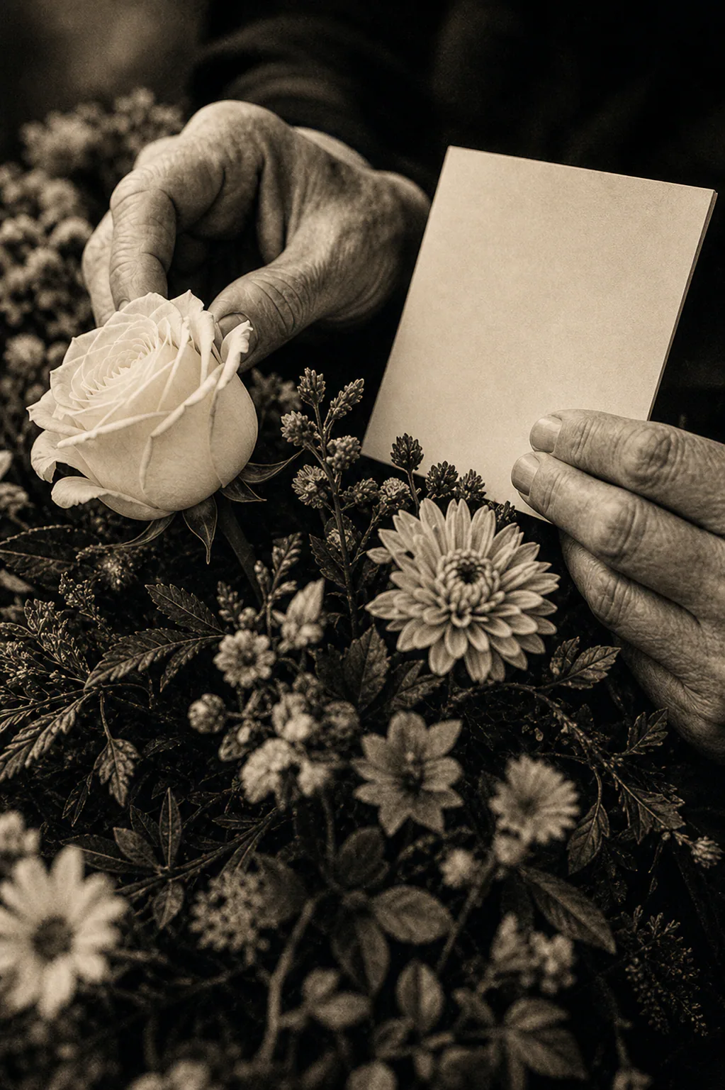 Handwritten memories, flowers, a framed photograph, and a candle arranged on a table