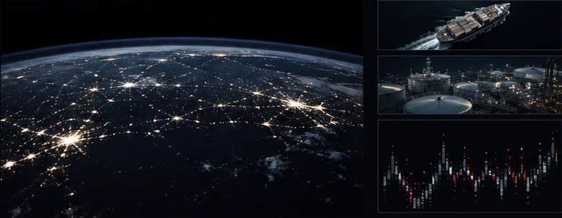 A satellite view of illuminated networks and industrial signals at night
