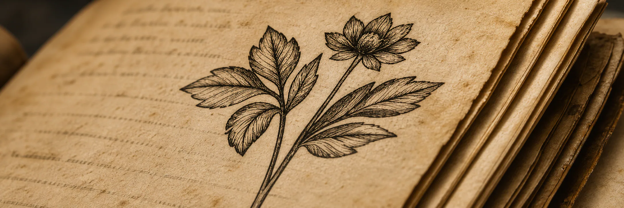 Open botanical manuscript with a hand-drawn flowering plant