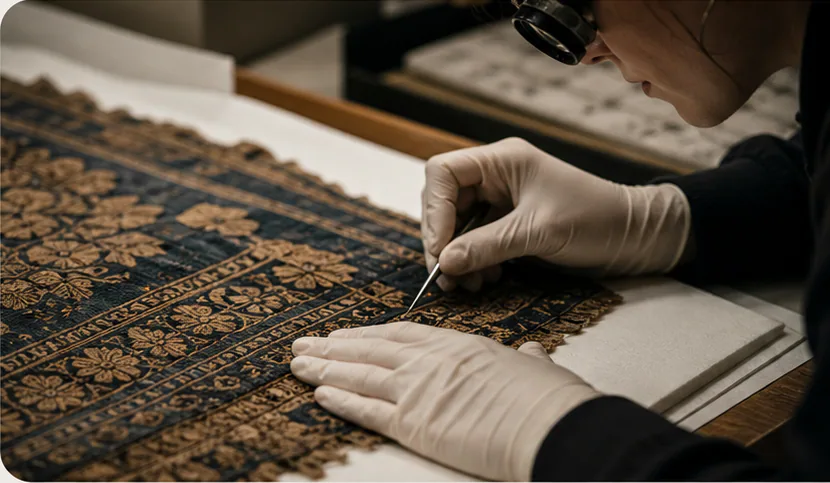 A conservator carefully examining a patterned textile in the Morrow Museum studio