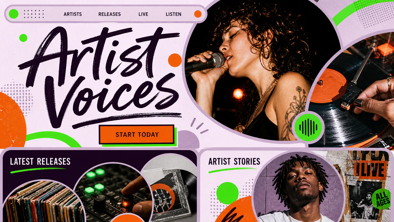 A colorful Signal Bloom-style collage with a singer, a turntable, record sleeves, and hand-drawn lettering