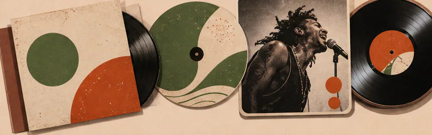 Vinyl sleeves and records arranged beside a singing artist