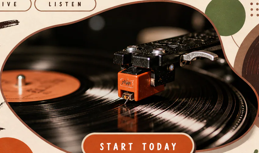Orange cartridge playing a black vinyl record on a turntable