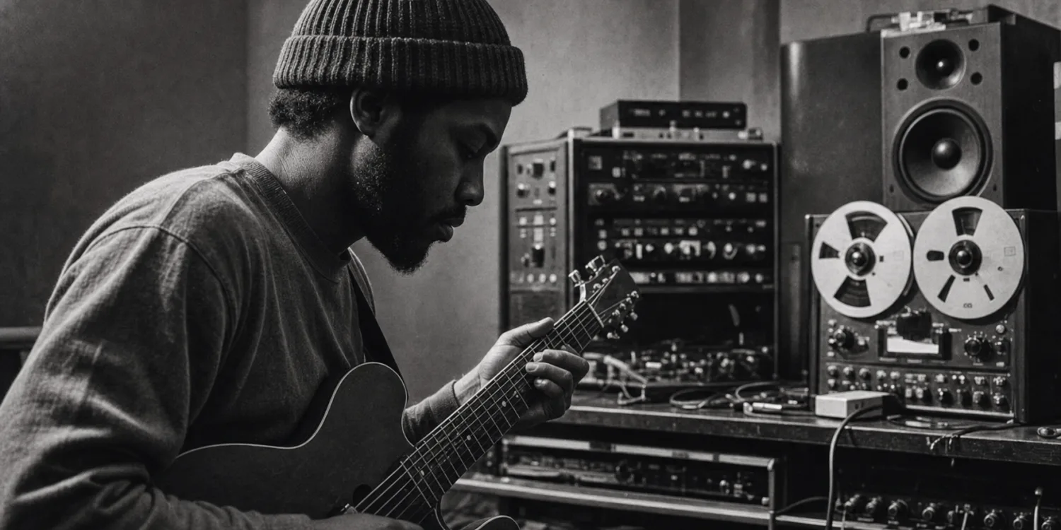 Fictional guitarist working beside tape machines in a recording room