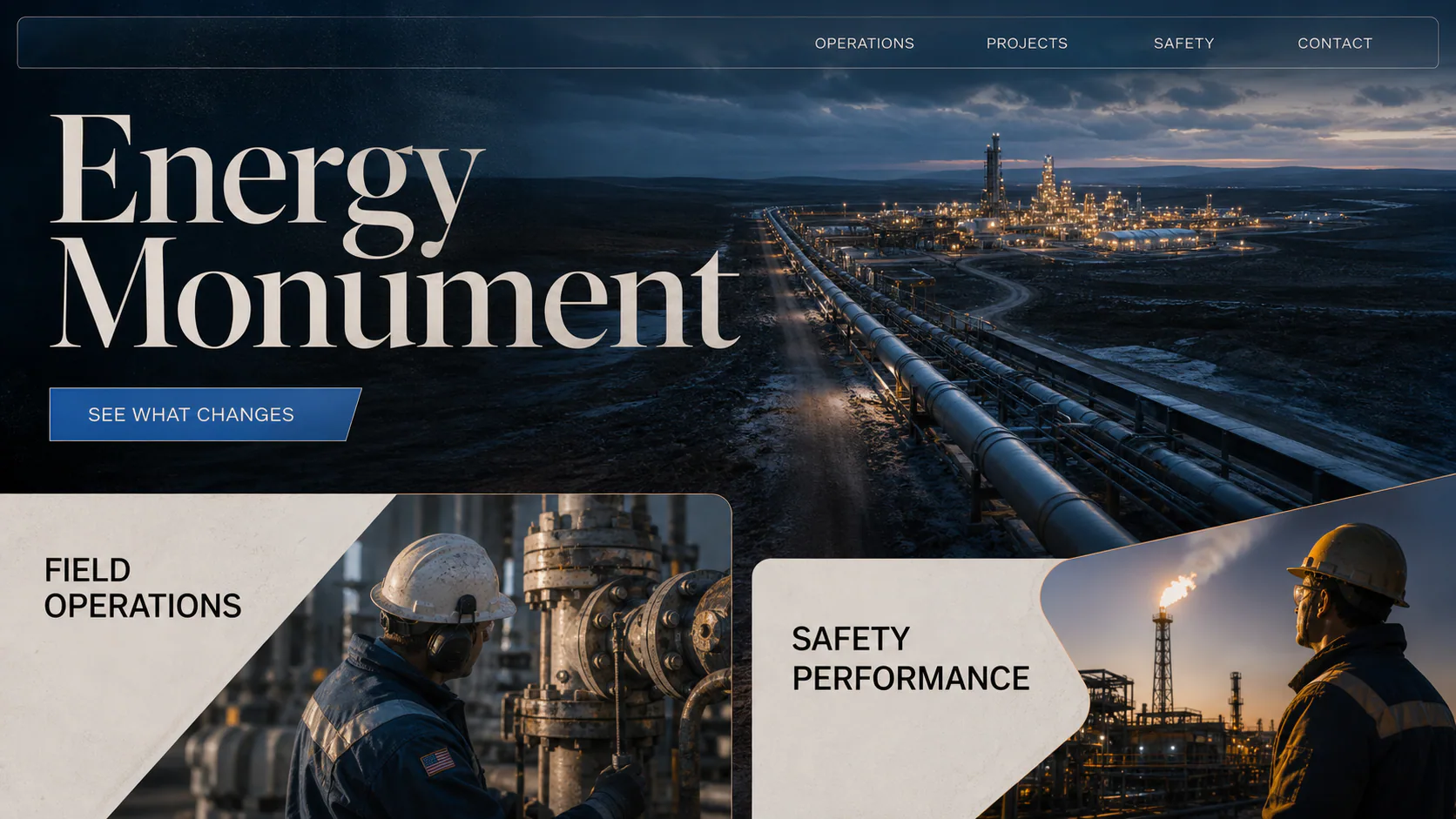 A lit energy processing field and pipeline stretching toward the horizon at dusk