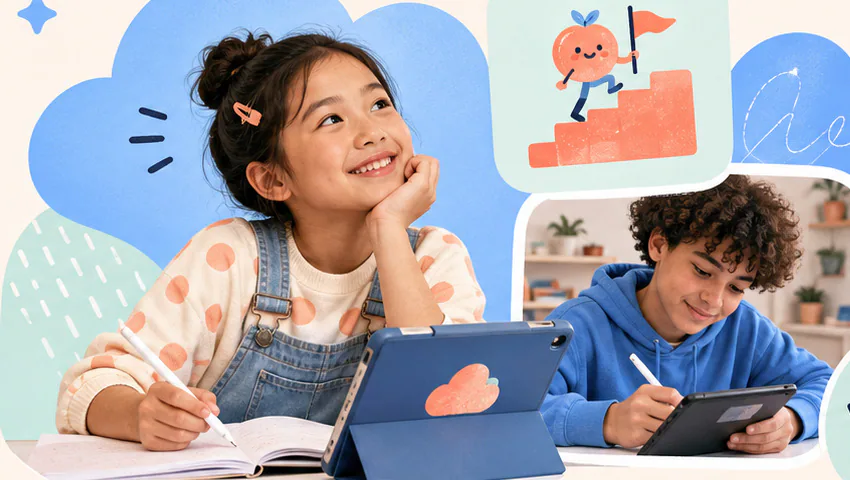 Two young students drawing and learning with tablets
