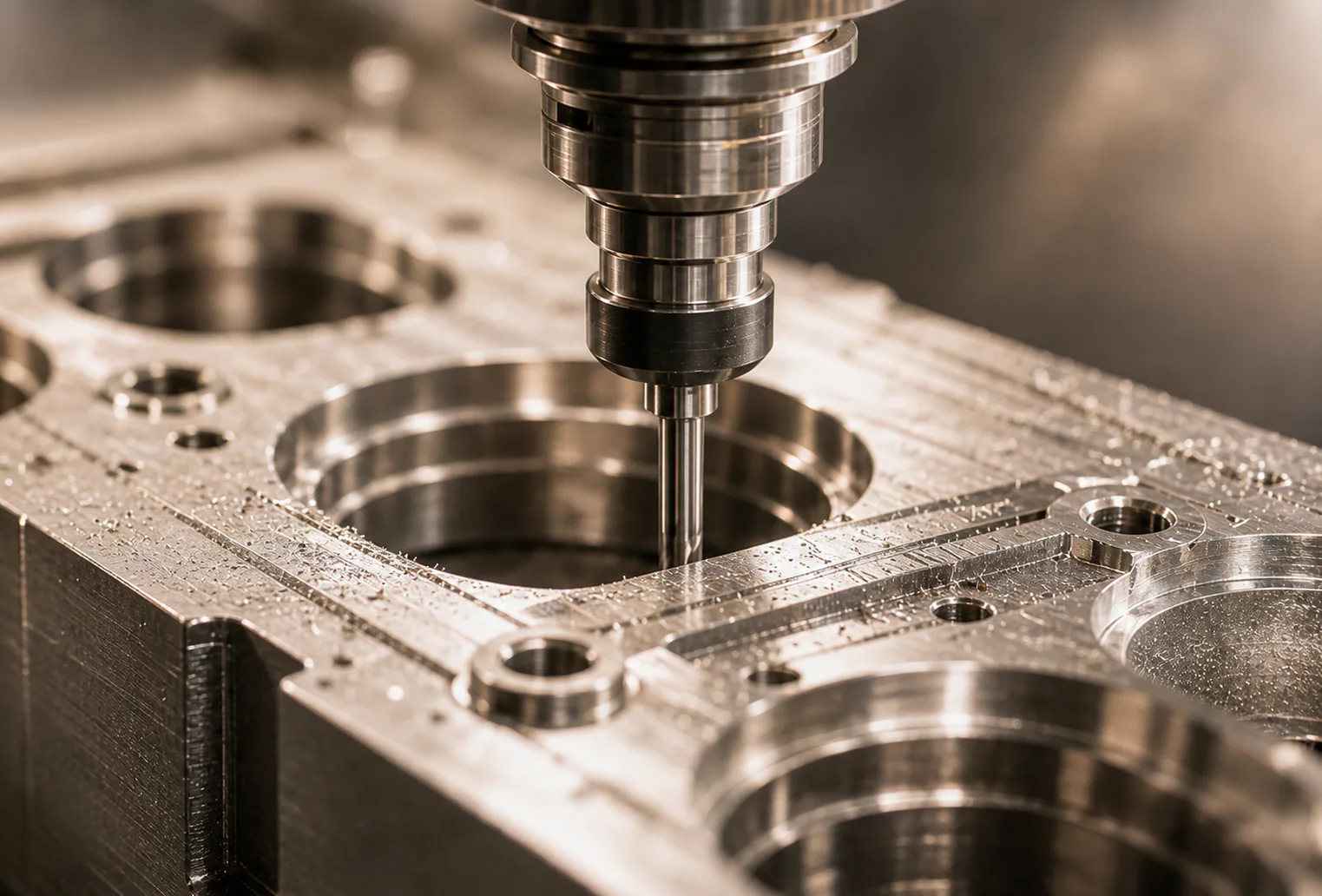 CNC spindle machining a reflective aluminum component