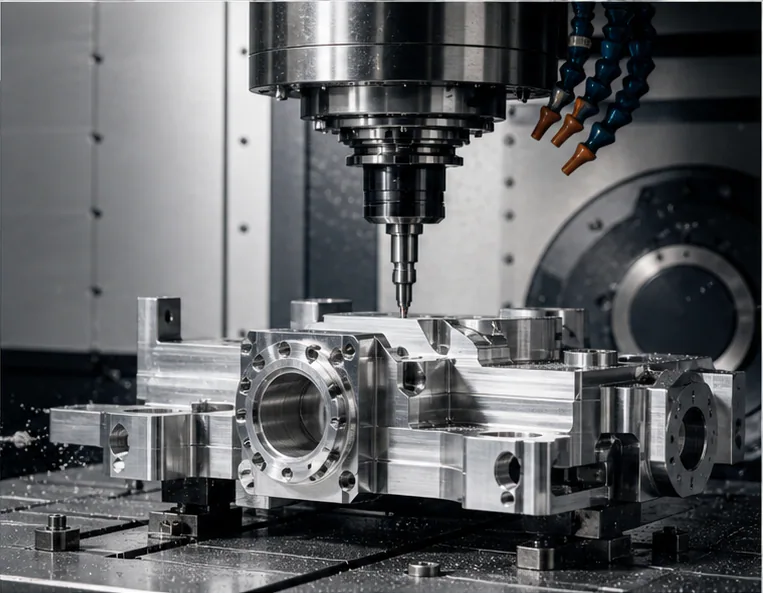 CNC machining center cutting a bright aluminum component
