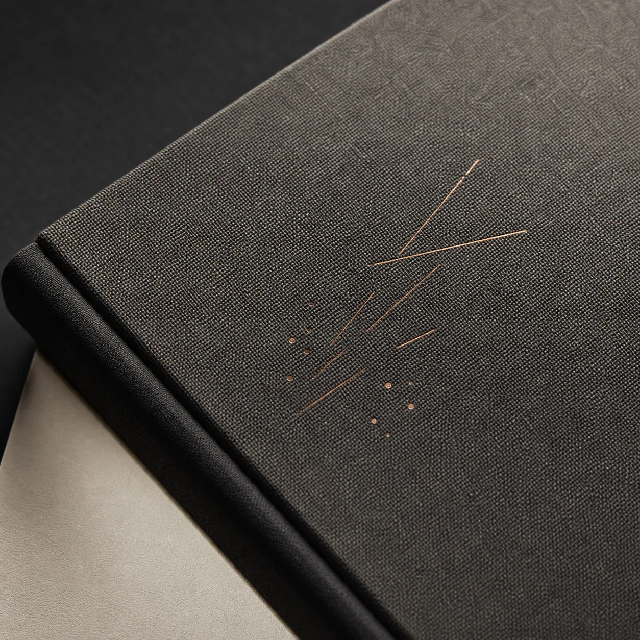 Charcoal clothbound book titled Departures