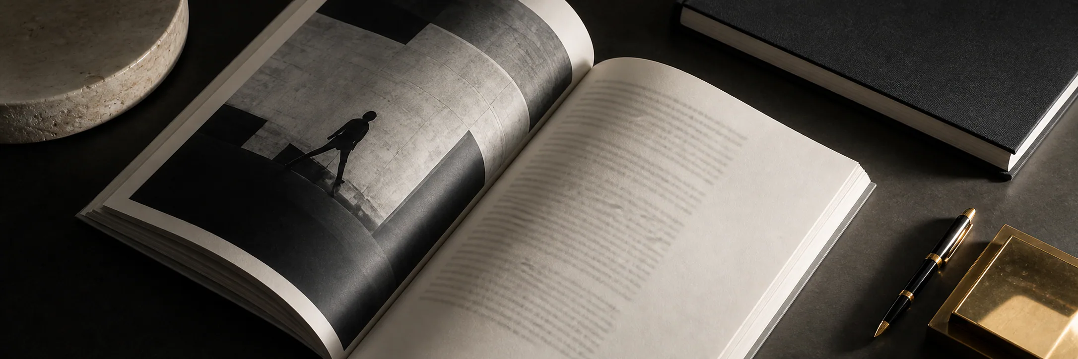 Open magazine, pencil, and notebook on an editor's desk