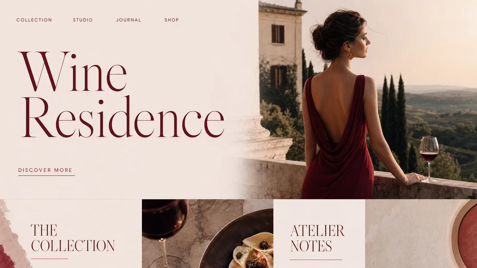 A guest in a burgundy dress stands on a stone terrace above the Tuscan vineyards