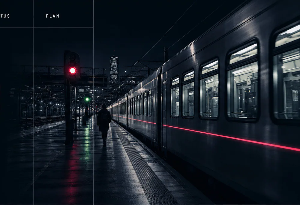 Night train waiting beside a signal