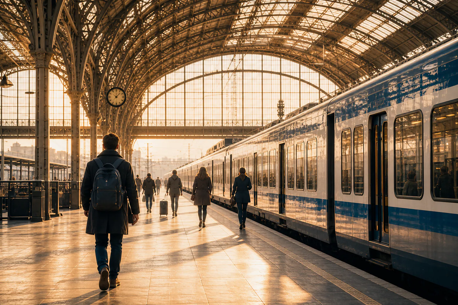 Passengers walking beside a train in a sunlit station