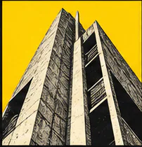 Graphic view looking up between tall buildings