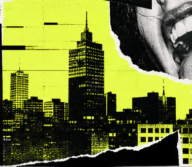 Posterized city collage in lime and black