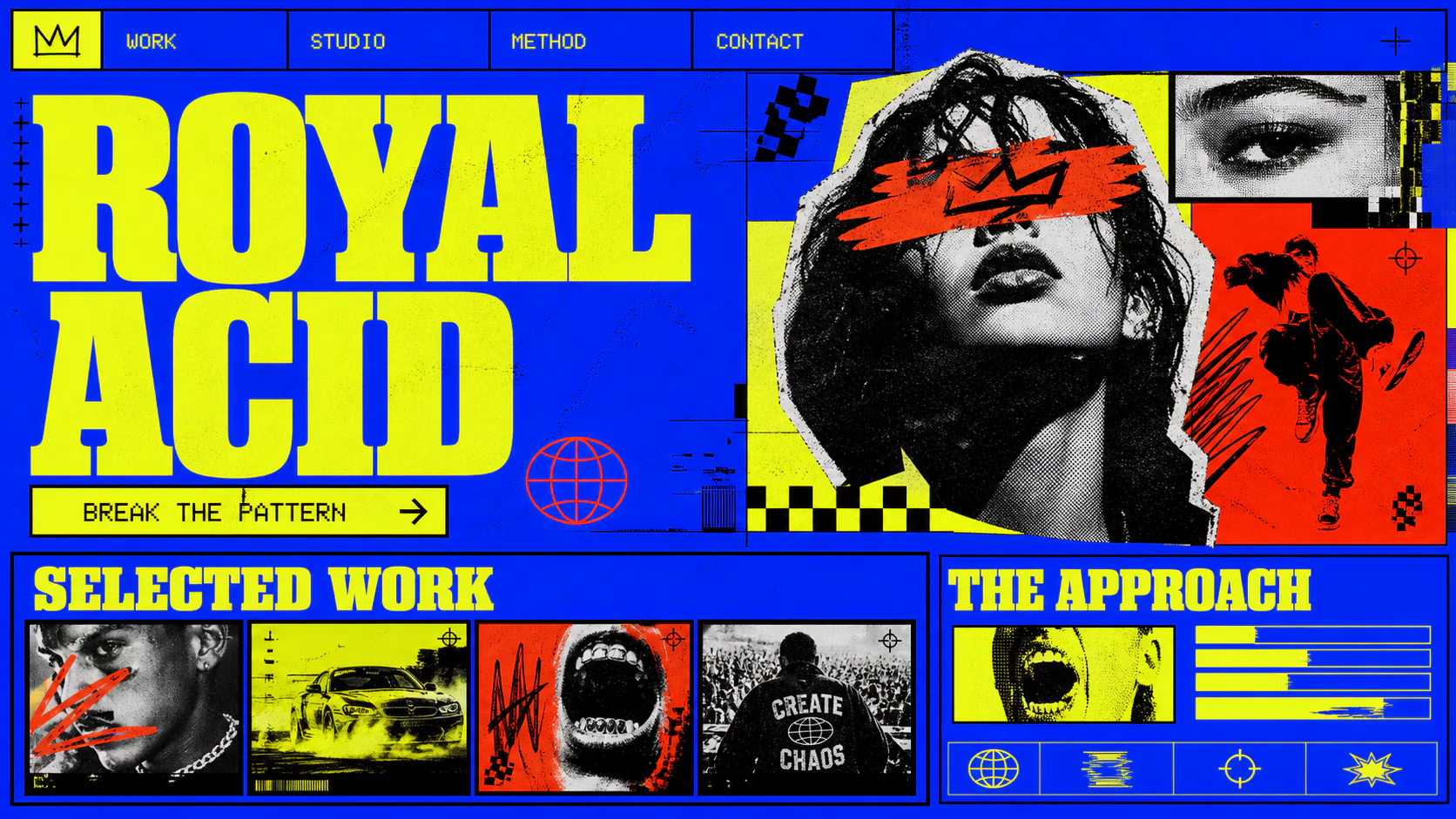 Posterized collage of a performer, a car, and graphic marks in acid yellow, blue, and orange