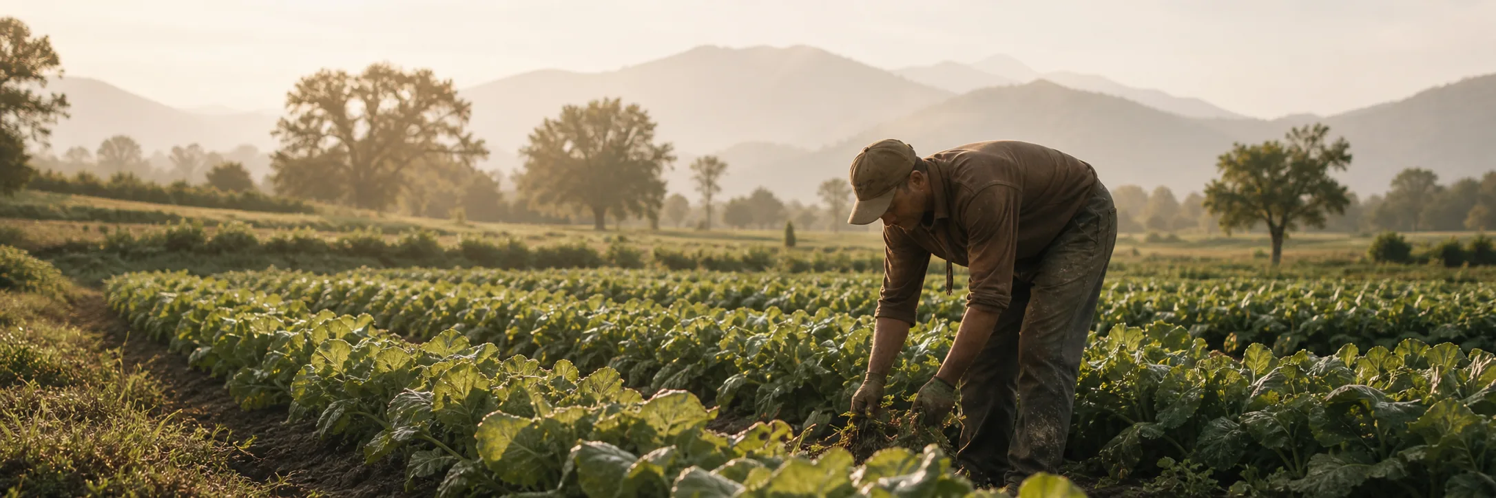 A grower tending leafy vegetable rows at sunrise