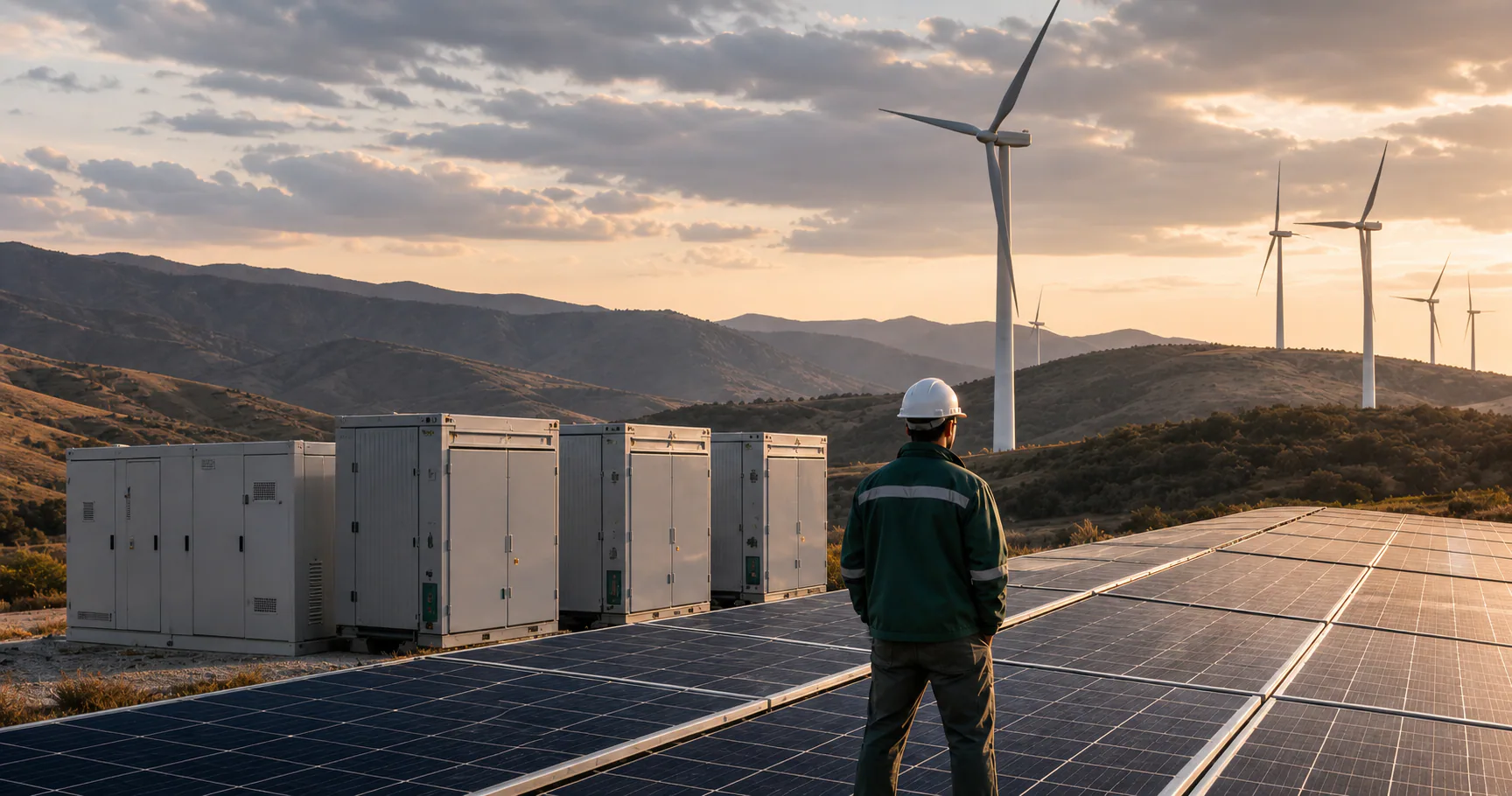 Field engineer standing beside solar panels, battery storage, and wind turbines