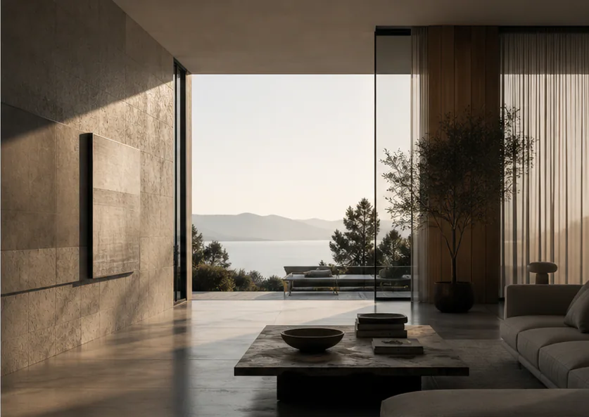 Sunlit modern living room opening toward a calm coastal view