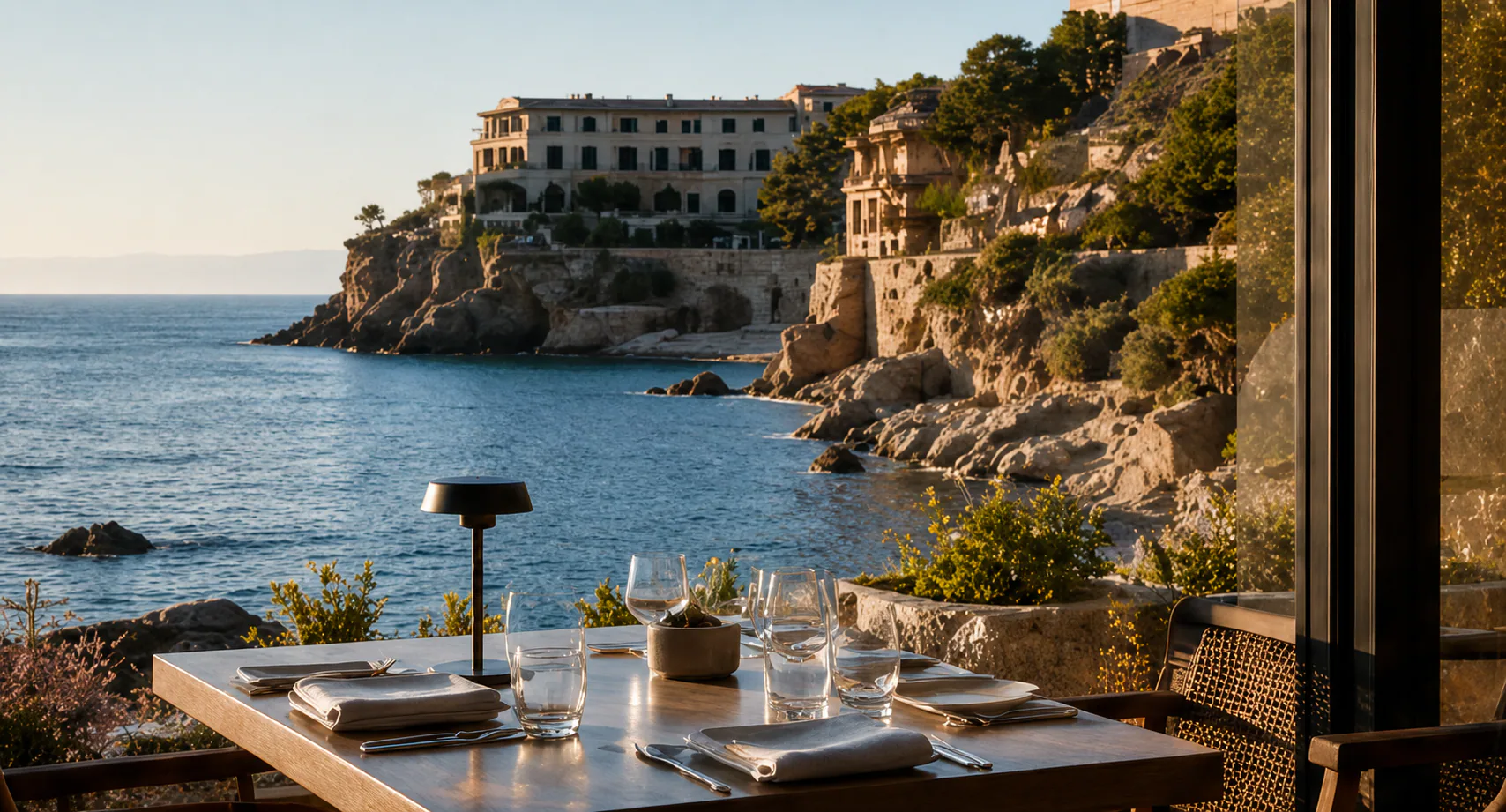 Dining table set above a rocky coastal cove