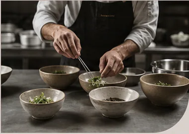 Chef finishing plates at the Field and Fold kitchen pass