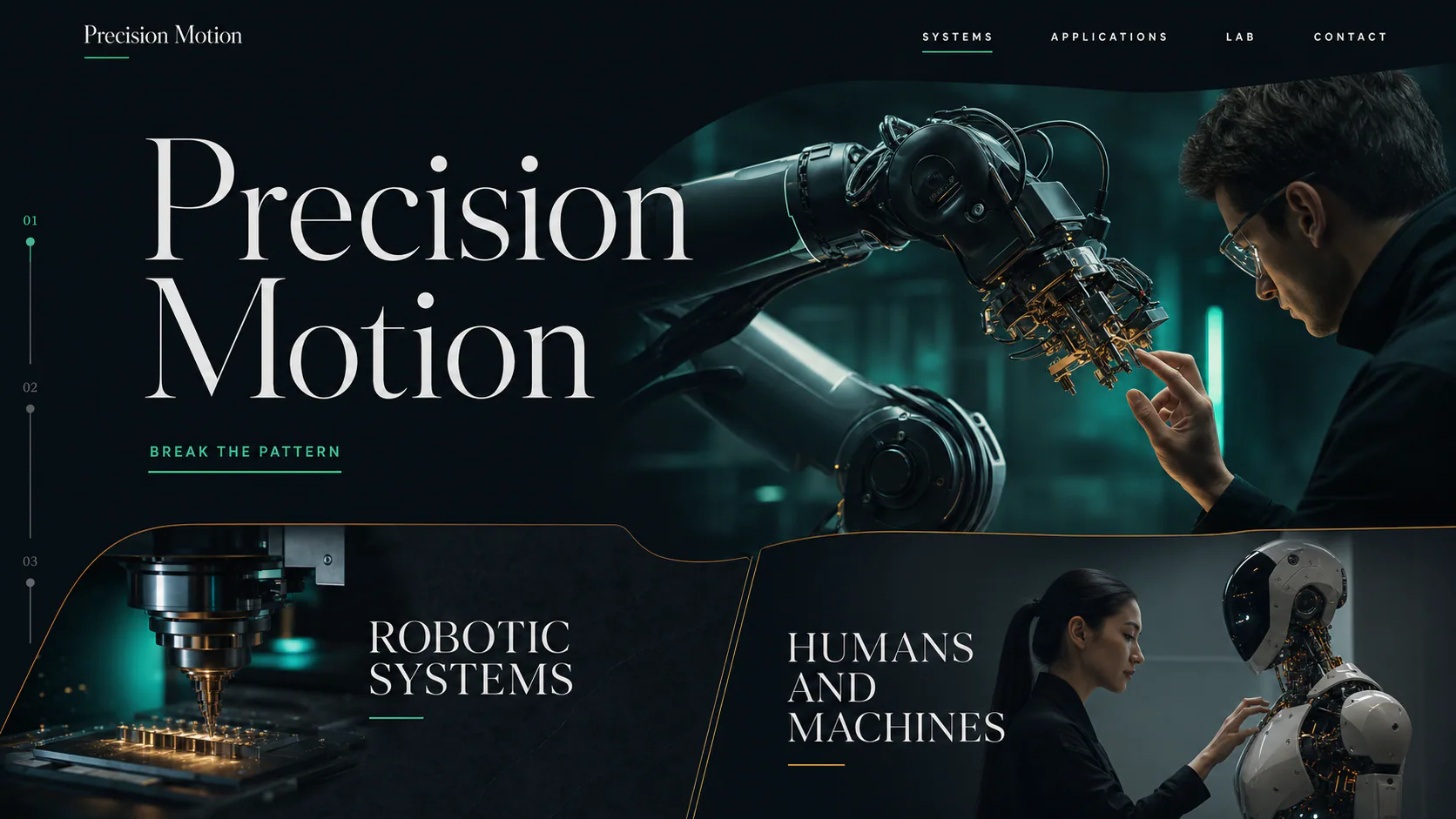 Robotics engineer reaching toward a precision arm in a teal-lit laboratory